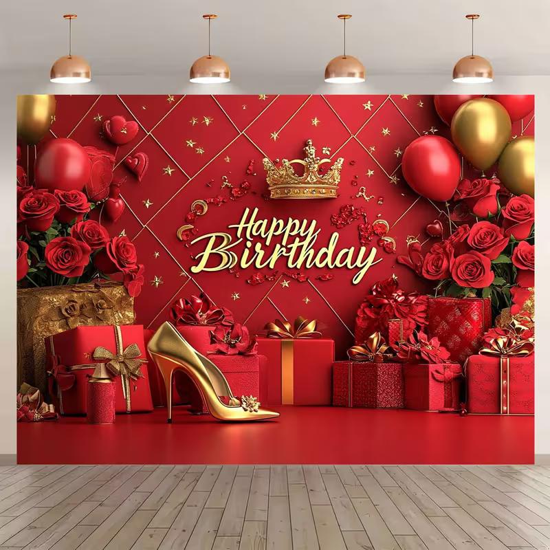 2D Luxurious Red Birthday Backdrop Gold Crown & Gift Box Background Cloth