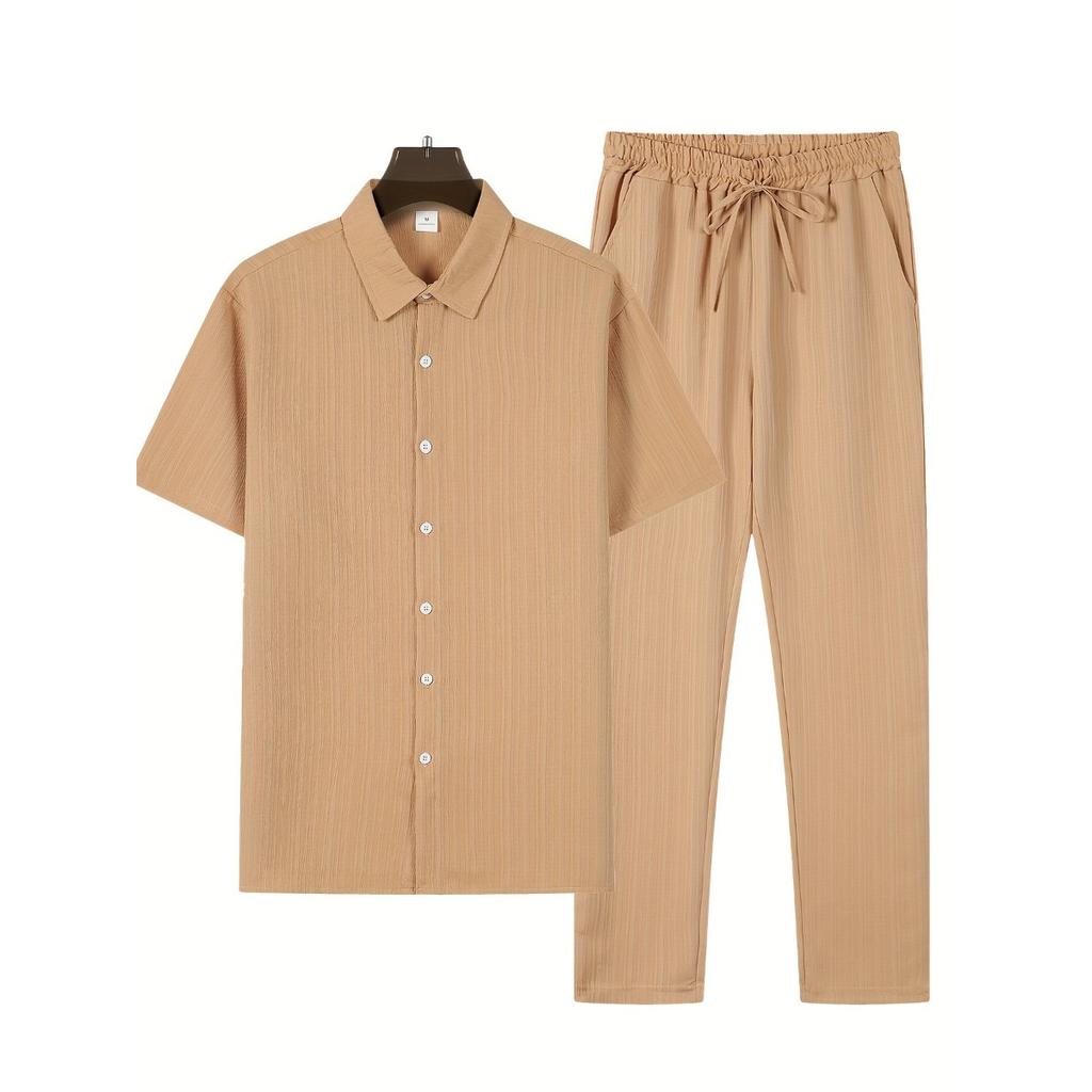 Мужская повседневная полосатая толстовка с коротким рукавом, воротником-стойкой на пуговицах и эластичным поясом, брюки из полиэстеровой ткани с добавлением эластана, двухкомпонентный