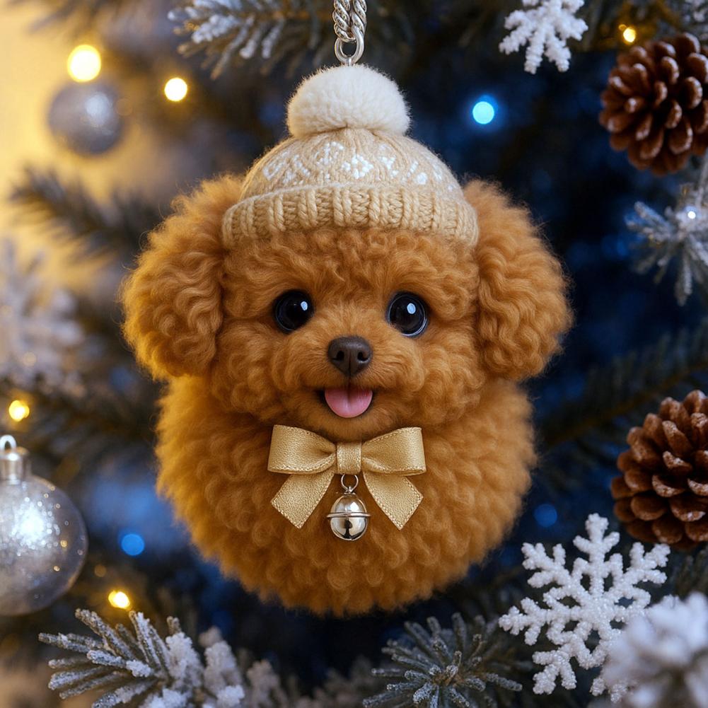 Pom-Pom Pet Ornament 2D Acrylic Cute Dog Christmas Ornament Cartoon Furry Pet Shaped Xmas Tree Hanging Decor for Holiday Party