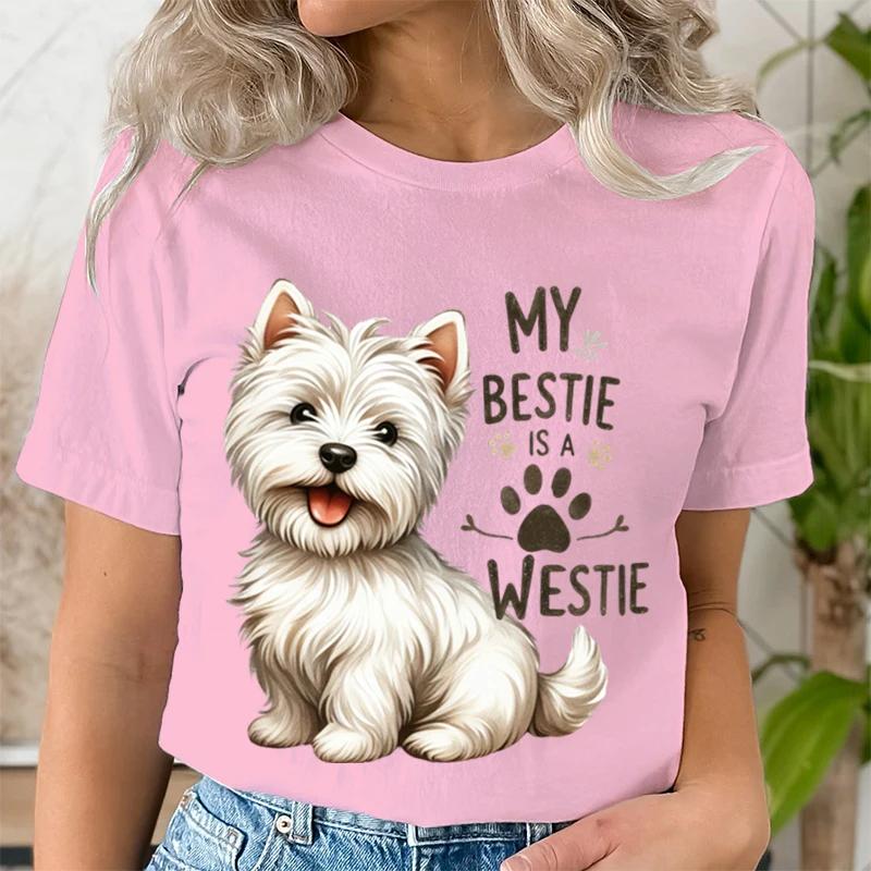 My Bestie Is A Westie Cute Dog Breeds Quotes T-shirt Women Funny Dog Paw Prints Tee Cartoon Animal Lover Gift Funny Tshirt Women