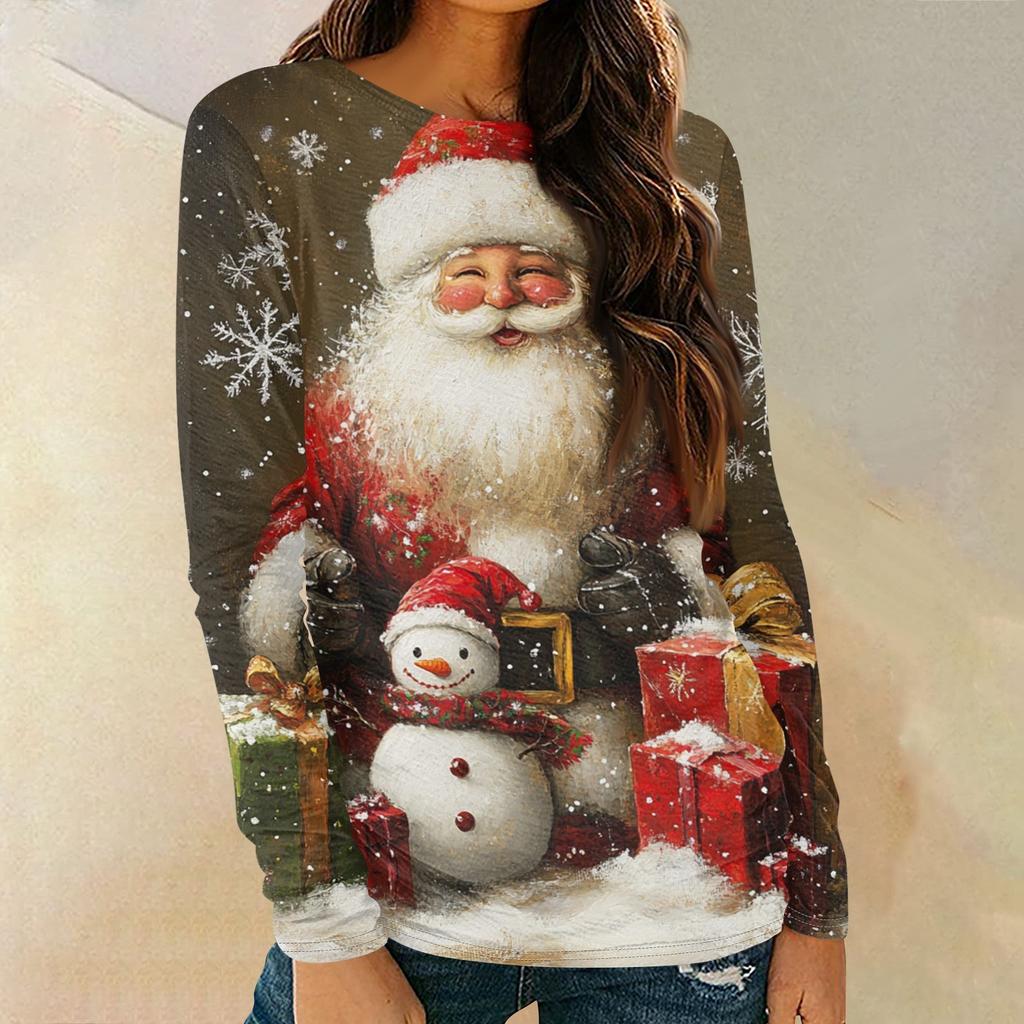 Women's Fashion Round Neck Pullover Plunging Sleeve Tee Christmas Printed Top