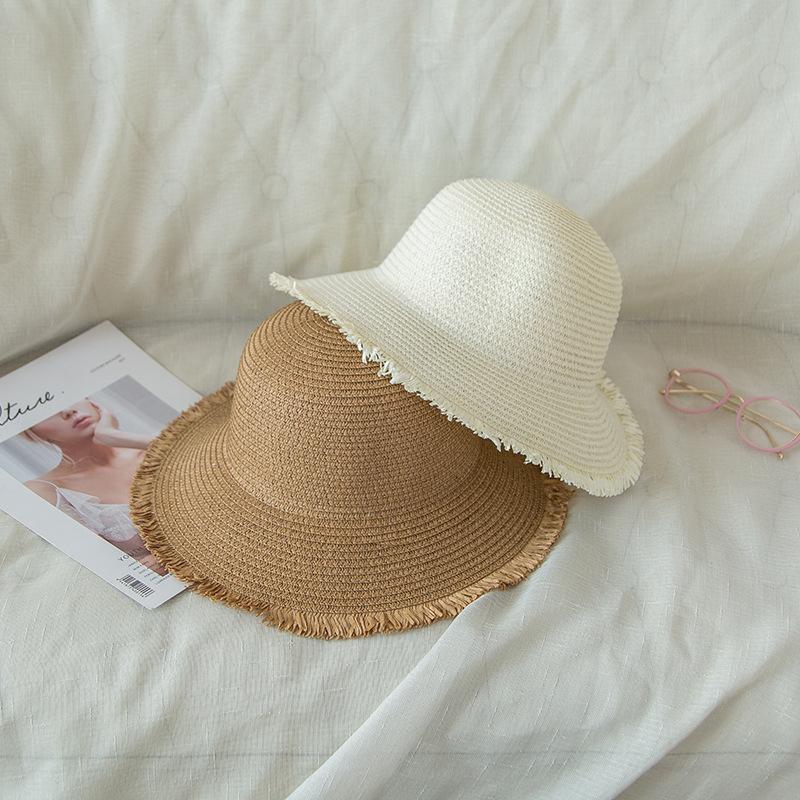 Women's Summer Flat Top Straw Hat , Wide Brim Sun Protection Beach Fisherman Hat, Breathable Hand-Woven For Seaside Photography