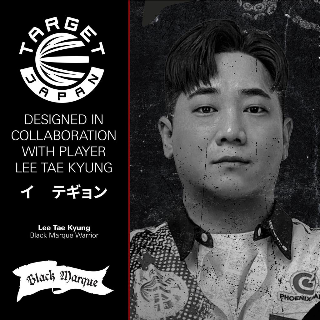 Target Japan BLACK MARQUEWARRIOR Lee Tae Kyung 90% Tungsten Steel Tip Darts Set, 25g, K-Flex No. 6 Shape Flights and Shafts, SWISS SILVER NAN