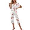 Women's Two Piece Pajamas Set V Neck Short Sleeve Top And Wide Leg Capris Pants Loose Lounge Set with Pockets