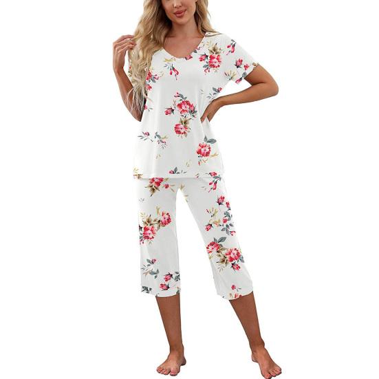 Women's Two Piece Pajamas Set V Neck Short Sleeve Top And Wide Leg Capris Pants Loose Lounge Set with Pockets