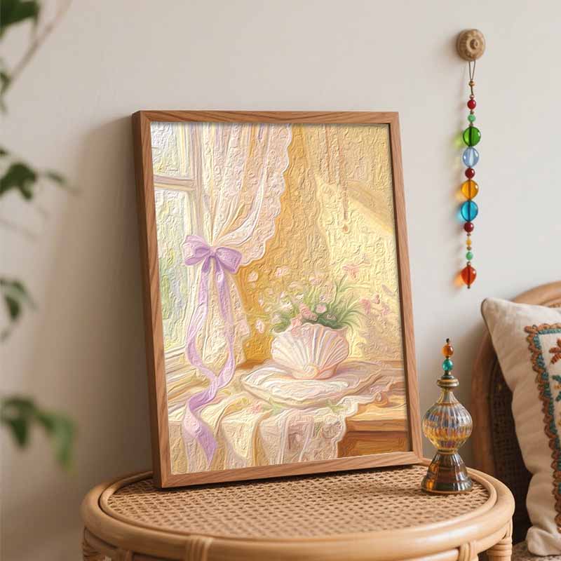 Цифровой набор для масляной живописи для DIY домашнего декора с цветочным окном из ракушек и кружевной стеной-занавеской, настенное искусство, декор