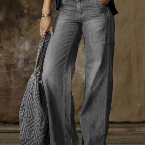 Women Jeans Retro Straight Distressed Solid Color Multi Pockets Mid Waist Button Zipper Closure Streetwear Full Length Long Trousers