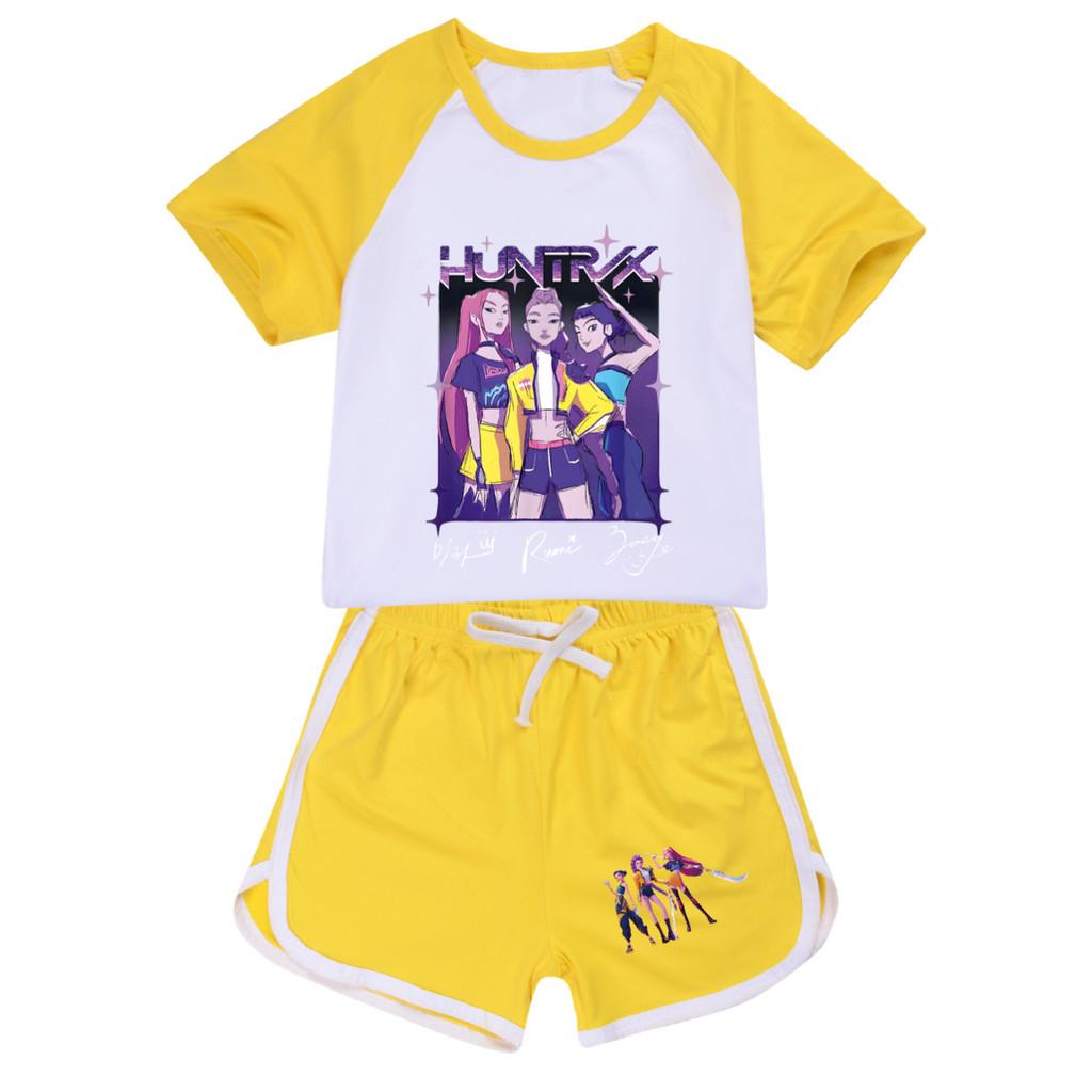 5022 Детский спортивный костюм для девочек в стиле поп-музыки: футболка, шорты, шорты, футболка и шорты с принтом Руми, Зои и Миры.