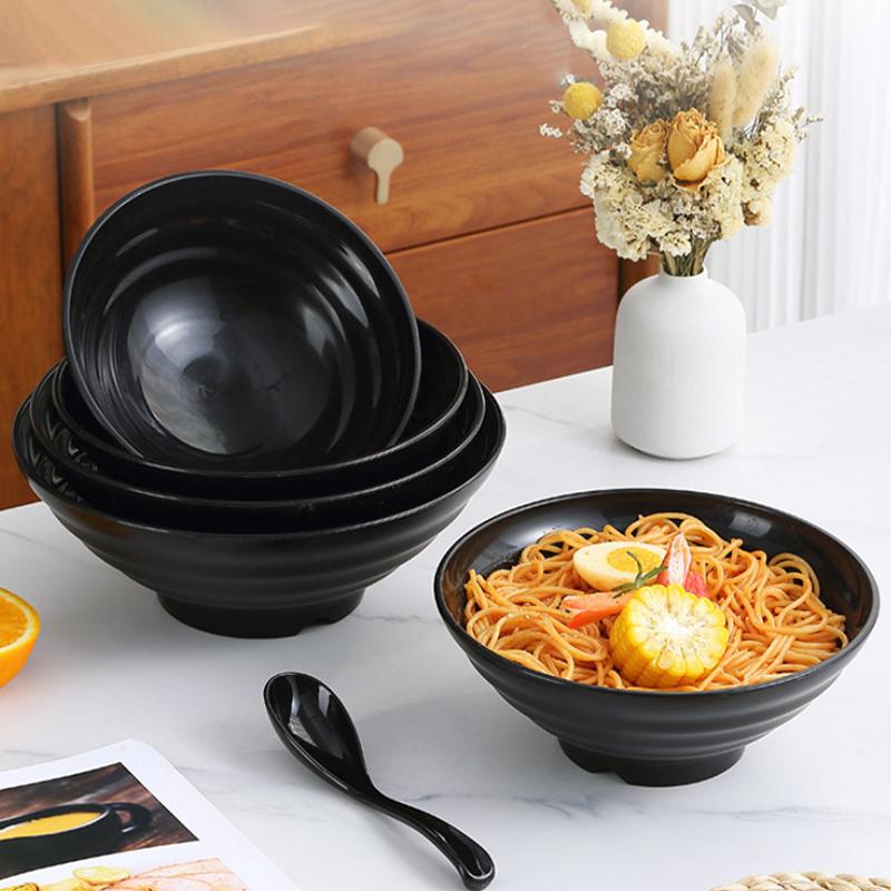 Модный стиль и долговечность, чисто черная большая полосатая миска, большой калибр и емкость, высокая термостойкость, миска для рамена