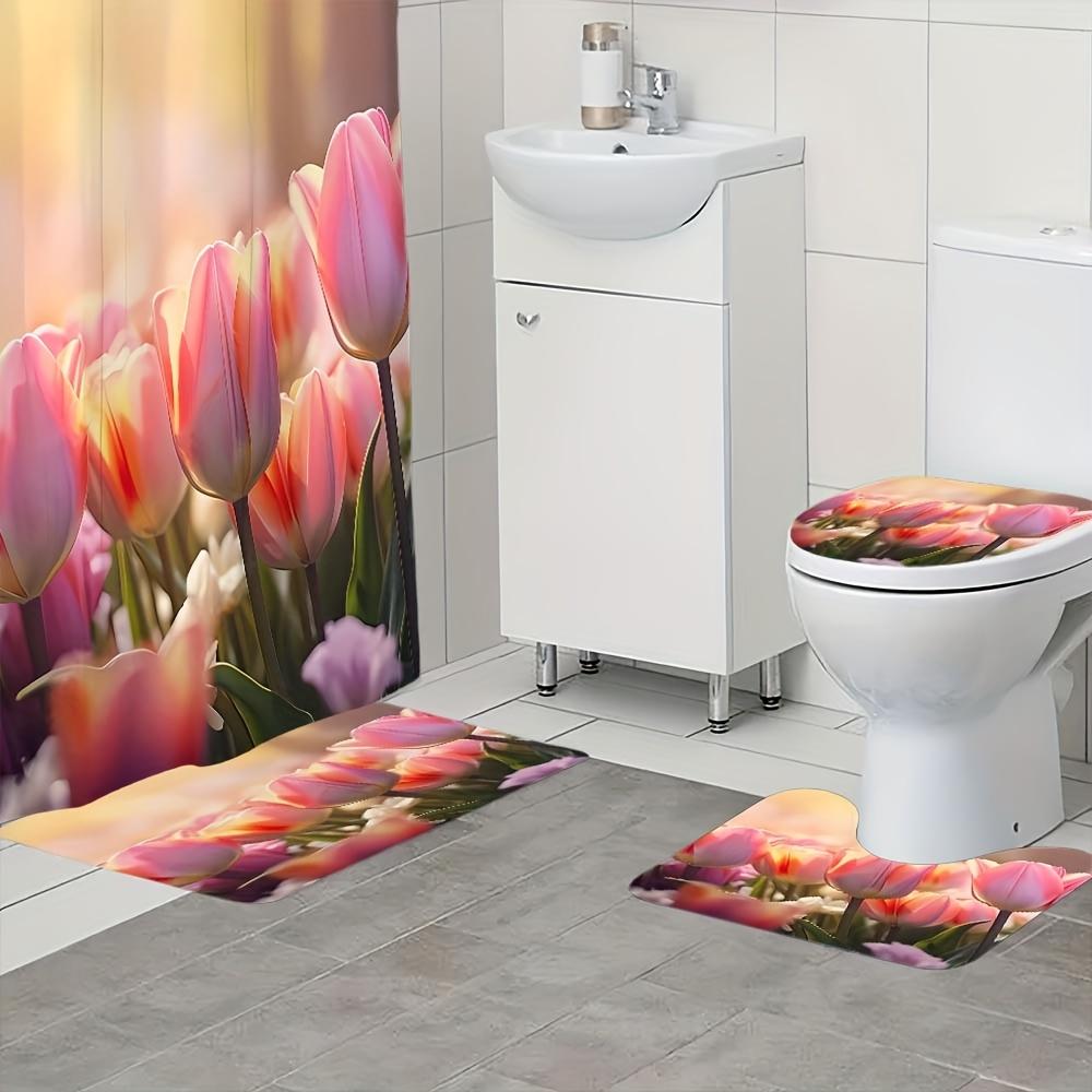 4Pcs Bathroom Shower Curtain Set Pink Tulip Pattern Bathroom Curtain With 12 Hooks Non Slip Rugs Toilet Cover Mat Bathroom Partition
