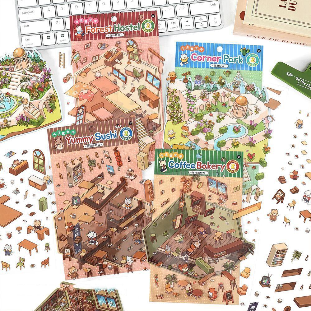 Бумага-наклейка с 3D-пейзажем лесной деревни, многофункциональные наклейки с изображением хижины, игровые наклейки, для любителей карточек