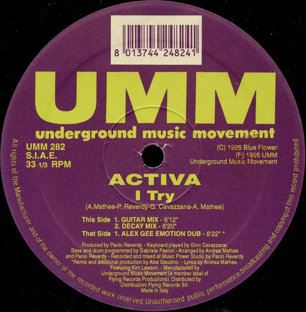 12-дюймовая пластинка ACTIVA I Try UMM282 UMM 1995 Италия Танцевальная Электроника Б/у