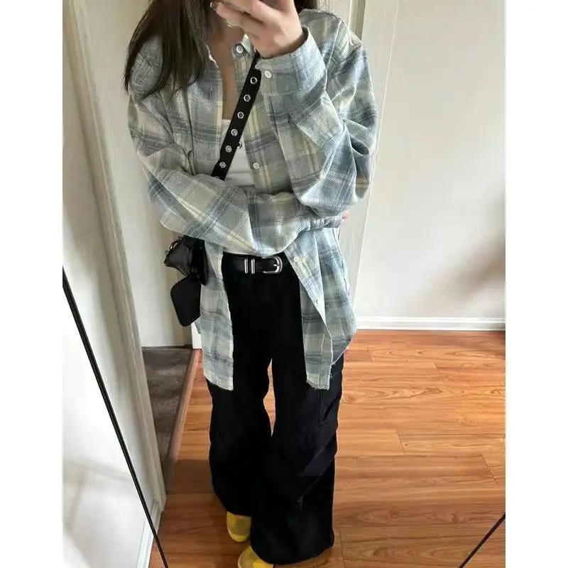 Корейская хип-хоп рубашка с цветными блоками в клетку с длинным рукавом для женщин весна-осень свободный крой стиль оверсайз универсальная модная куртка