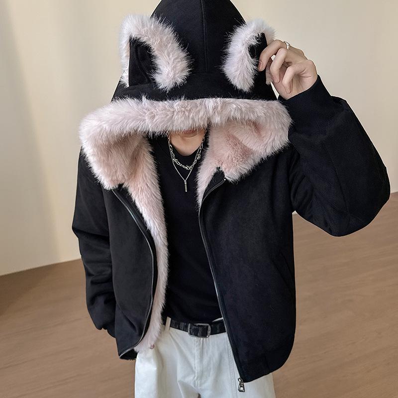 Куртка American Eagle с меховым воротником из замши и кошачьими ушками - Осенне-зимняя укороченная верхняя одежда с плюшем