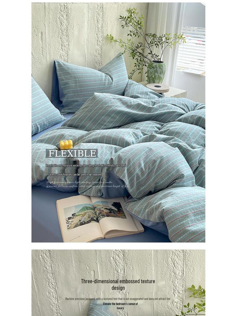 G5Z Хлопковый комплект пододеяльника с окрашенной в полоску пряжей - 4 предмета, Всесезонное постельное белье для общежитий