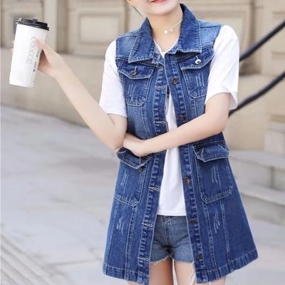 Женский длинный джинсовый жилет - однобортный свободный топ без рукавов с рваными модными карманами, верхняя одежда, длинные винтажные куртки