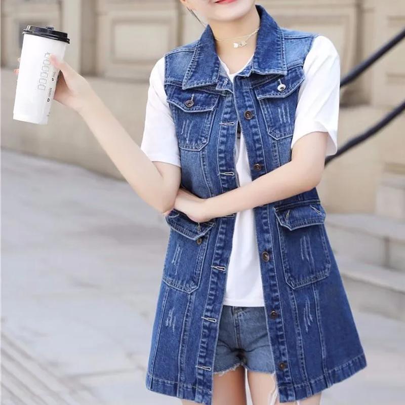Women's Long Denim Vest - Oversized Sleeveless Single Breasted Tank Top Ripped Fashion Pockets Outwear Long Vintage Jackets