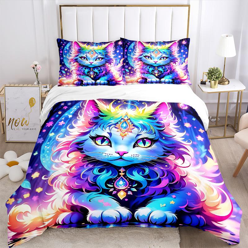 3pcs Handsome Cat Bedding Set - 1 Soft Quilt Cover + 2 Pillowcases, Machine Washable - Suitable for All Seasons M062