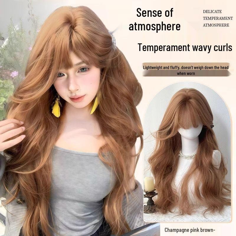 Champagne Color Long Curly Wig with Air Bangs - Korean Style for Women
