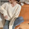 Knitted Heart Pattern Women Sweater Sweet Loose Short Pull Pullover Simple Casual Style V-neck Long Sleeve Top Korean Fashion