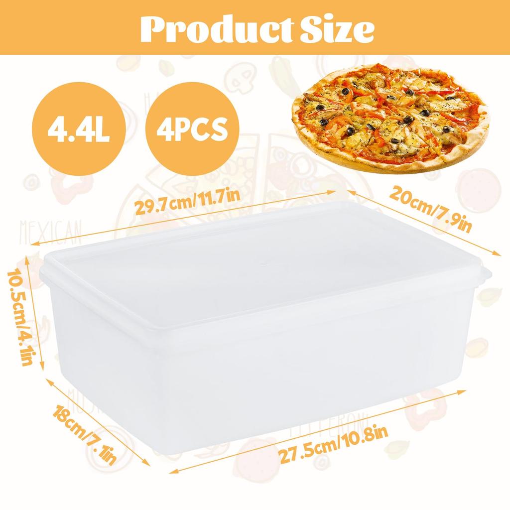 Pizza Dough Proofing Box Set of 4 - 12" x 8" x 4" Rectangular Container with BPA-Free Plastic Lid Stackable Food-Grade Storage for Home Baking Bread