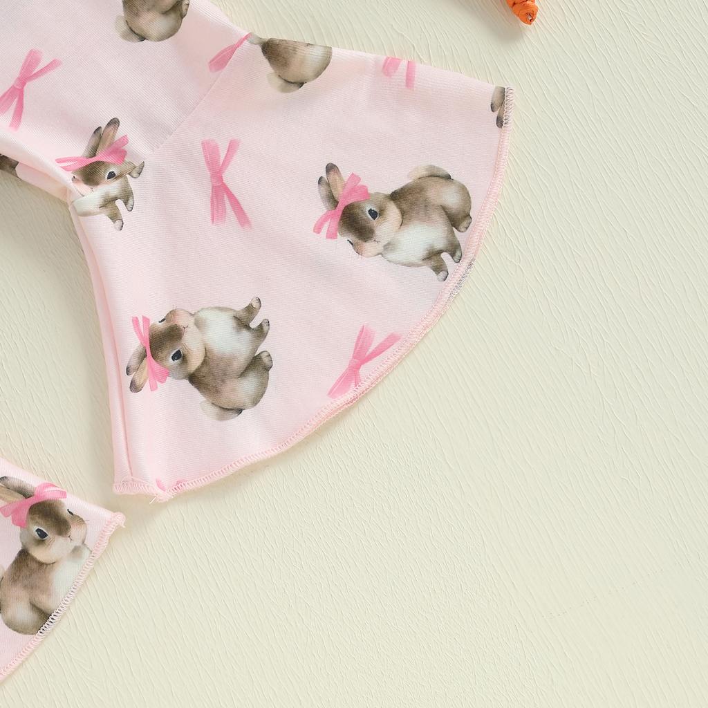 Baby Girls Easter Outfits Short Sleeve Letter Embroidery Romper with Bunny Print Flare Pants and Headband