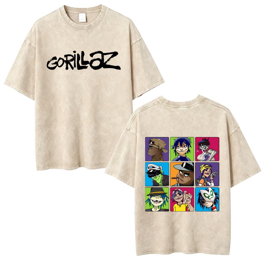 Washed Vintage Rock Band Gorillaz Face Graphic Tshirt Men Women Fashion Hip Hop Oversized T Shirt Mens Retro Gothic Streetwear