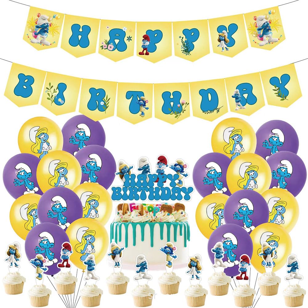 Smurfs Birthday Decorations Party Set The Smurfs Cartoon Characters Kids Cute Funny Boys Girls Happy Birthday Garland Banner Balloons Cake Topper