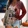 Women T-shirt V-neck Long Sleeve Blood Letter Print Tee Shirt Loose Fit Halloween Pullover Tops Streetwear