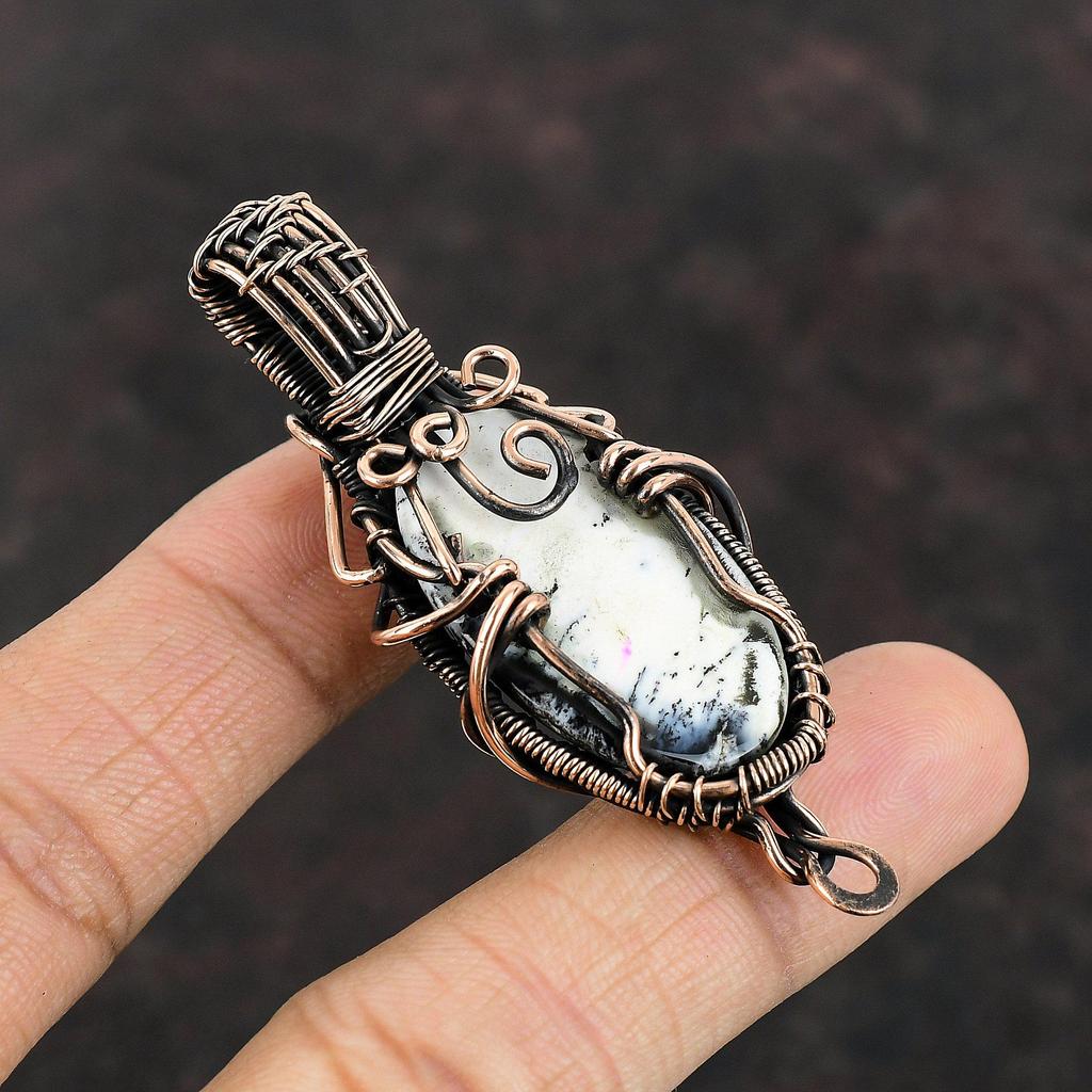 Кулон с дендритом и опалом, обернутый медной проволокой, кулон с дендритом и опалом, драгоценный камень, ювелирный подарок для друга, медные украшения ручной работы, кулон с камнем