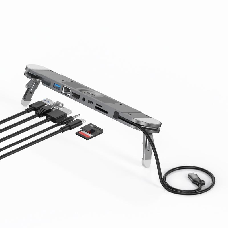 Складная алюминиевая док-станция USB C, 7-портовый хаб-расширитель, 4K60Hz, 100W зарядка, Ethernet, кардридер для ноутбуков