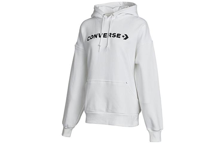 Converse Однотонная классическая толстовка с капюшоном и логотипом, флисовая подкладка, стиль athleisure, женская, белая, 10021657-A02