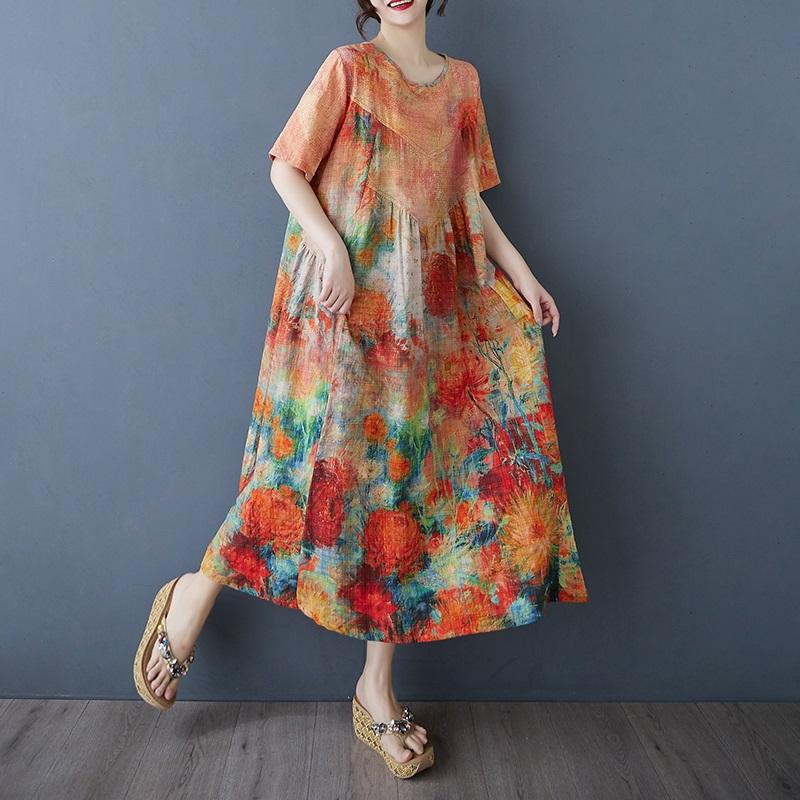 Новое хлопковое винтажное платье с цветочным принтом больших размеров с коротким рукавом для женщин, повседневное свободное длинное летнее платье