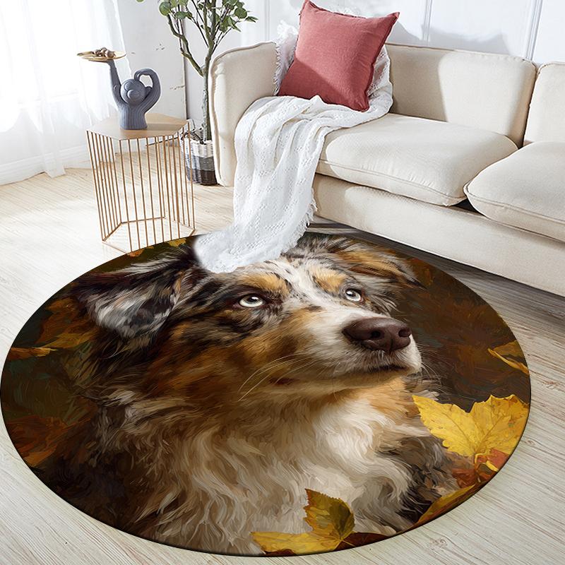 Australian Shepherd and plants pattern round rug,Carpet Rug for Living Room Bedroom Playroom ,Non-slip Floor Mat,Holiday Gifts and Birthday Gifts.