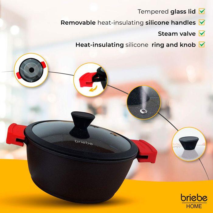 Faitout Induction Antiadhésif Titane 16cm, Fonte d'Aluminium sans PFOA Couvercle Briebe Black Titanium Noir