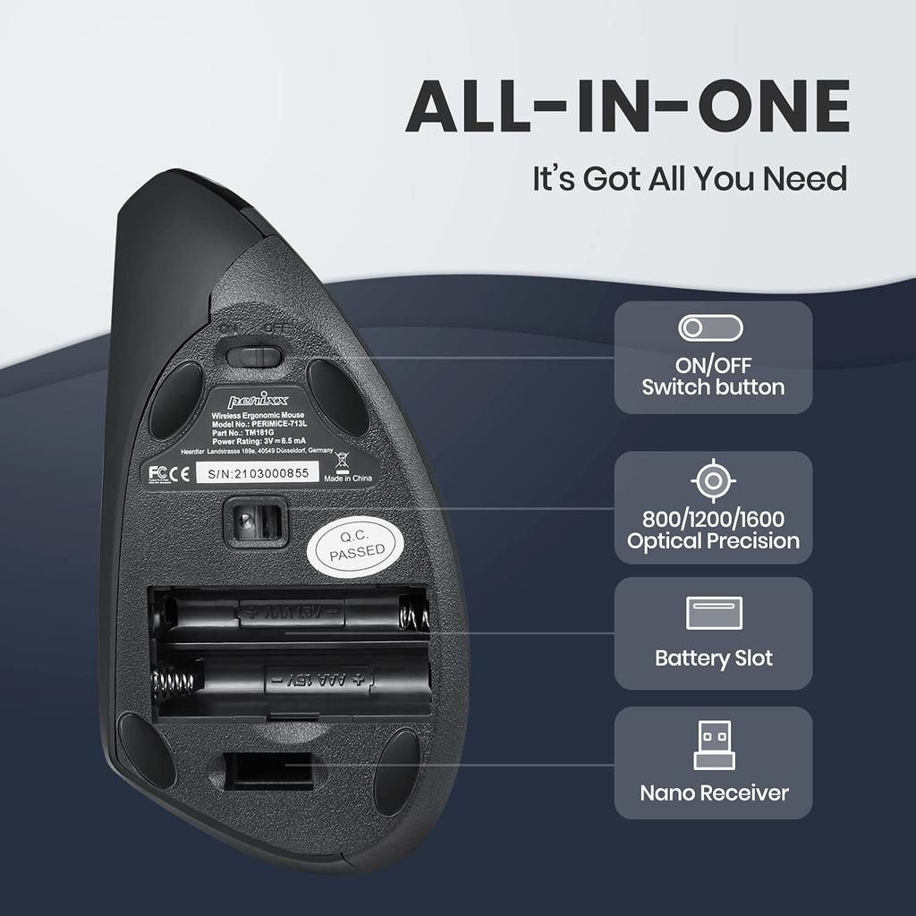 Эргономичная мышь Perixx для левой руки, вертикальная, беспроводная, DPI, эргономика PERIMICE-713L 800/1200/1600