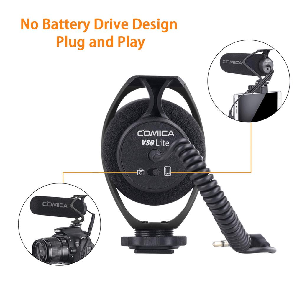 Comica CVM-V30 LITE Video Gun External Microphone for Sony, Nikon, Canon, DSLR Cameras, iPhone, and Huawei (Black)