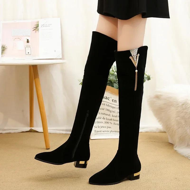 Большого размера зимние ботфорты выше колена женские из эластичной ткани женские ботфорты до бедра сексуальная женская обувь длинные боты женские