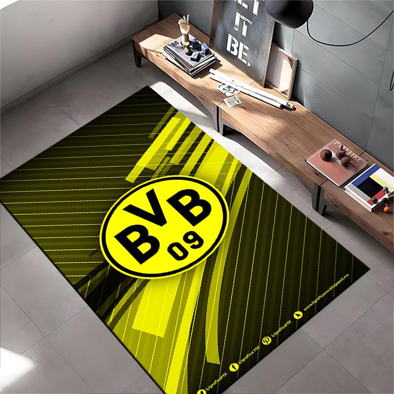Football Club Area Rug, Borussia Dortmund BVB 09 Yellow Black Abstract Crest Print, Soccer Fan Supporter Room Decor, Non-Slip Mat