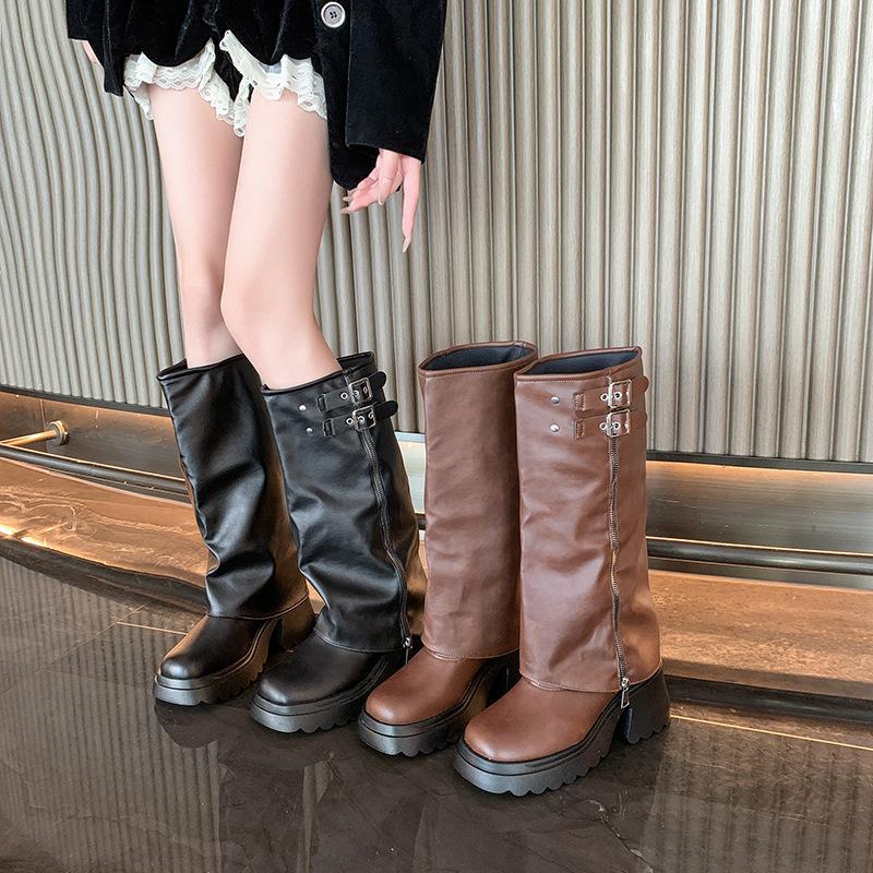Женские ботинки на толстой подошве 2025 осень и зима новые модели, но ботфорты, маленькие ботильоны, женские ботинки-рыцари на платформе