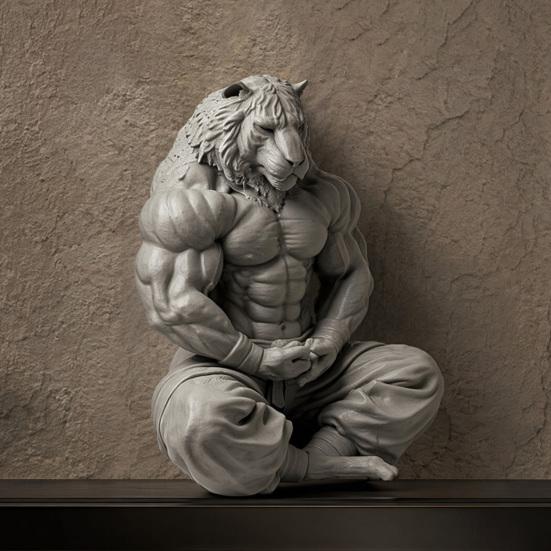 Yousheng 3D Printed Tiger Man Figurine, Muscular Tiger Figure Ornament, Minimalist Animal Sculpture with Muscular Details, Zen Posture Desktop