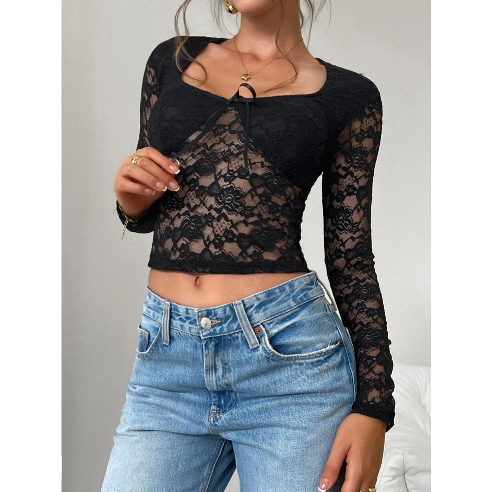 Женские топы весна-лето новая сексуальная ветровая рубашка тонкая ажурная футболка с длинными рукавами кружевная рубашка блузка