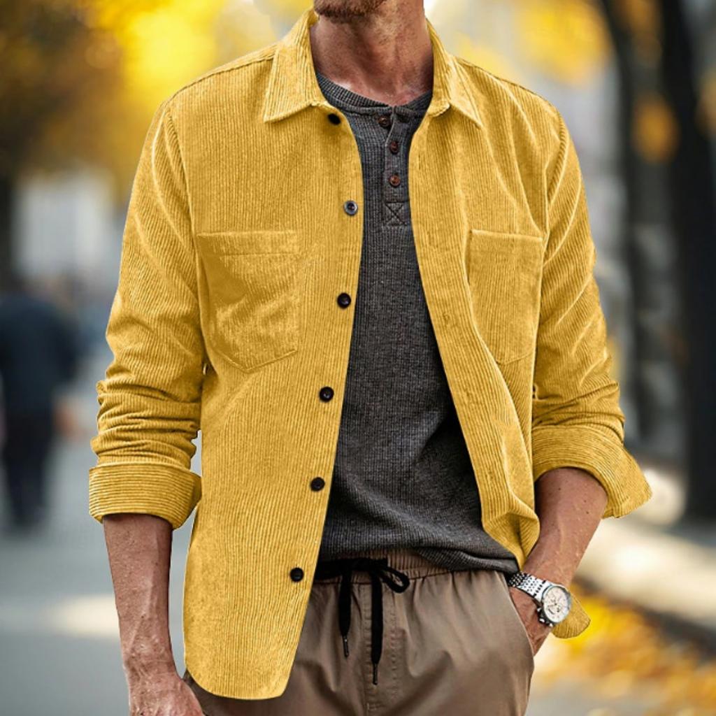 Men's Casual -color Corduroy Button Shirt, Men's Lapel Long-sleeved Trendy Loose Shirt