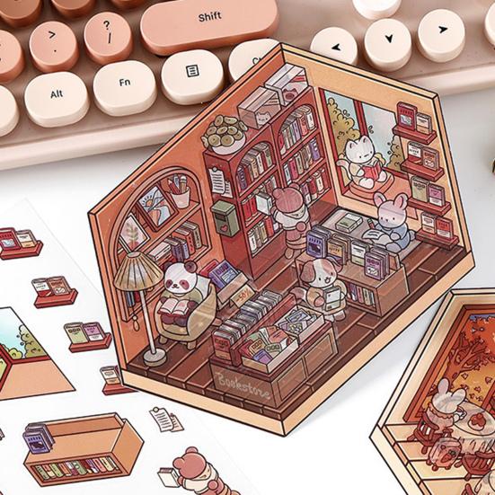 4 Set 3D DIY House Scene Stickers Stress Relief Decals Supermarket Coffee Shop