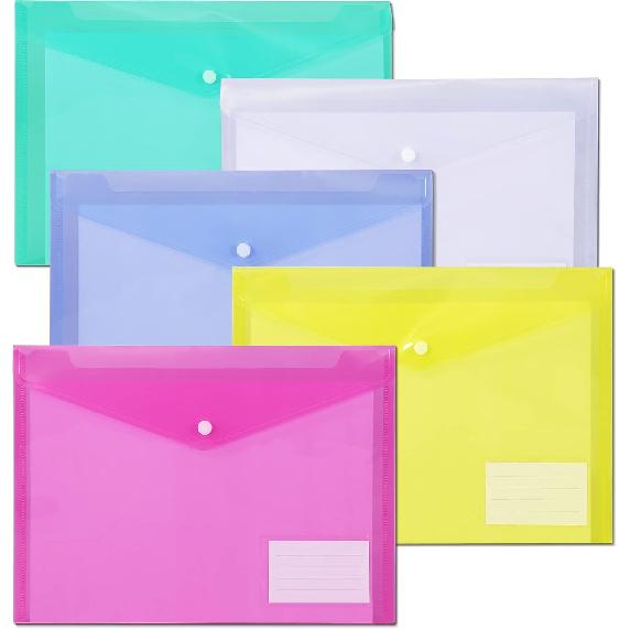 10 Pack Plastic File Folders with Label Pockets - US Letter & A4 Size Clear Document Envelopes, Assorted Color Poly Organizers for Office School