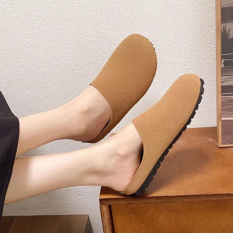 2024 Лидер продаж Новые женские тапочки с круглым носком Осенние новые ретро однотонные женские туфли с плоской подошвой на пятке Zapatos Mujer