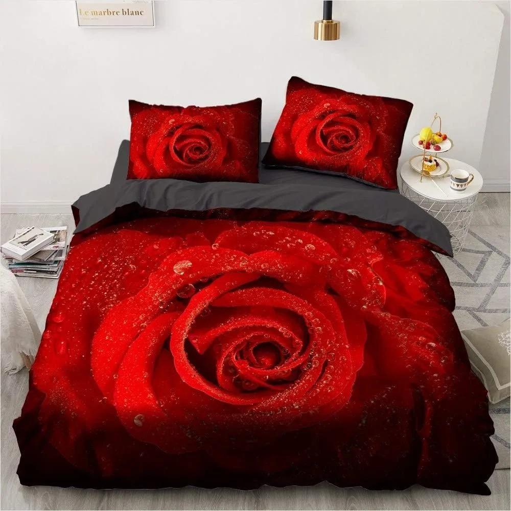 3D Print Red Rose Bedding Collection Romantic Rose Pattern Duvet Cover Wedding Gifts Bedroom Decoration Adults Europe Bed Collection King Siz