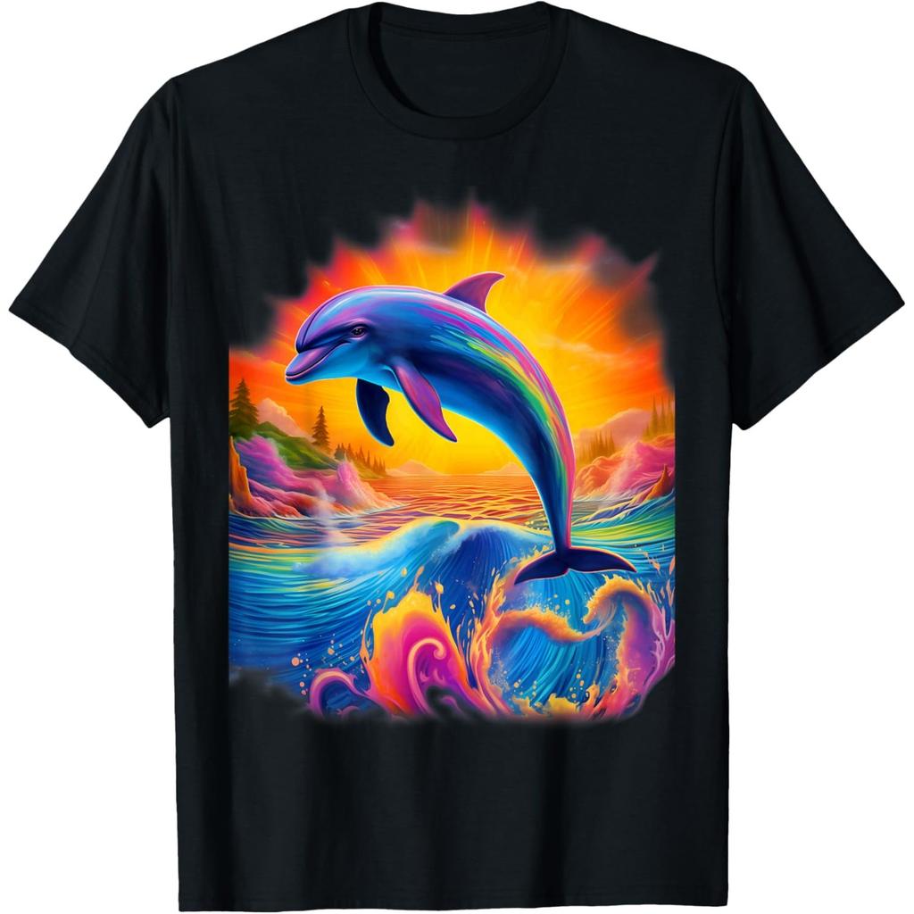 Rainbow Dolphin Leaping Waves Graphic Tee Premium Round Neck Short Sleeve T-Shirt for Men