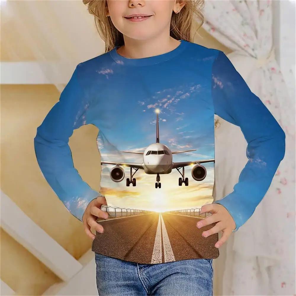 Children's Airplane 3D Digital Printing Girl Fun and Fashionable Round Neck Long Sleeved T-shirt