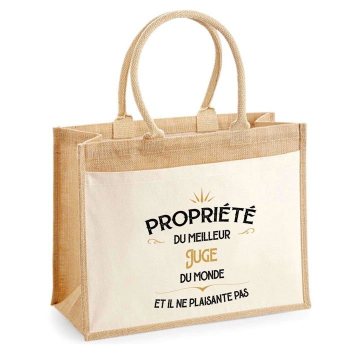 Cabas jute avec poche Propriété du Meilleur Juge Cadeau homme humour fête des pères retraite collègue travail grand sac courses
